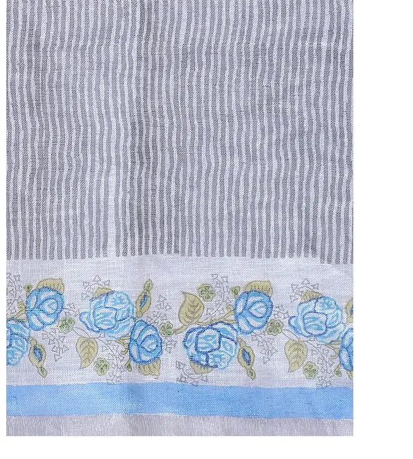 SKY GREY HAND WOVEN LINEN SAREE WITH HANDBLOCK PRINT