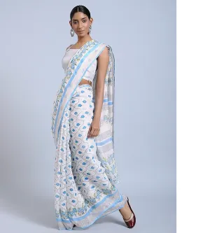 SKY GREY HAND WOVEN LINEN SAREE WITH HANDBLOCK PRINT