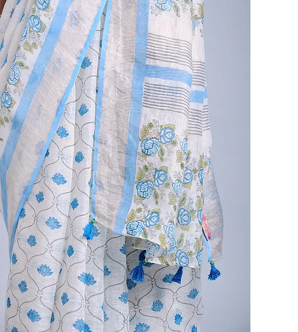 SKY GREY HAND WOVEN LINEN SAREE WITH HANDBLOCK PRINT