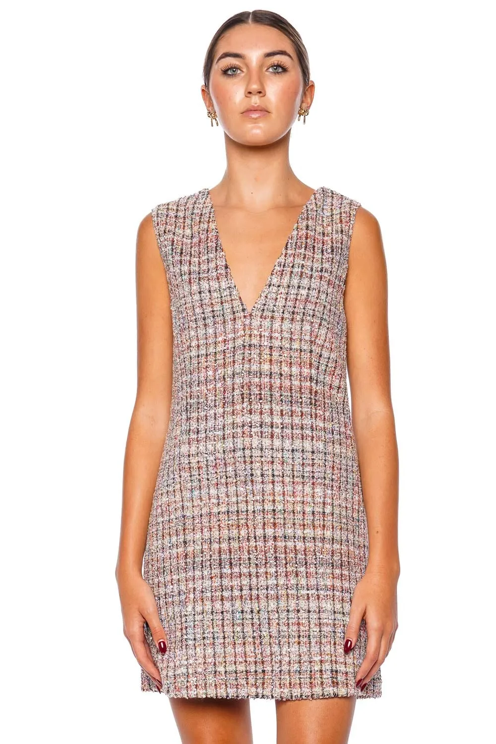 Sleeveless Boucle V Neck Mini Dress