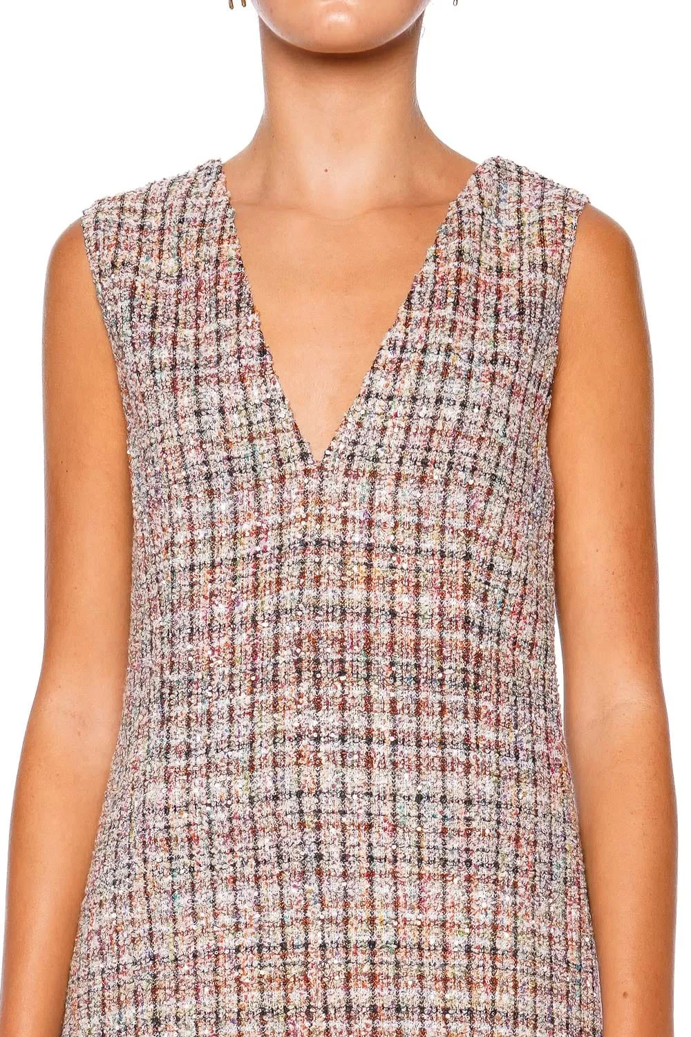 Sleeveless Boucle V Neck Mini Dress