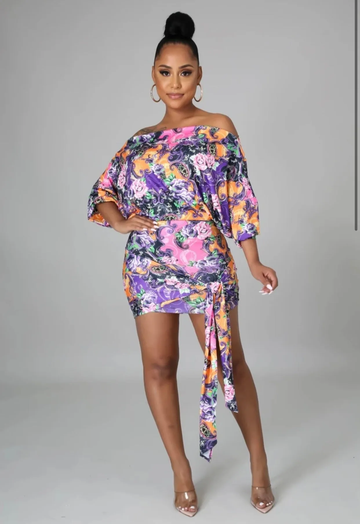 Small LEFT! Sweet Garden Vibes Multi Print Off Shoulder Dress