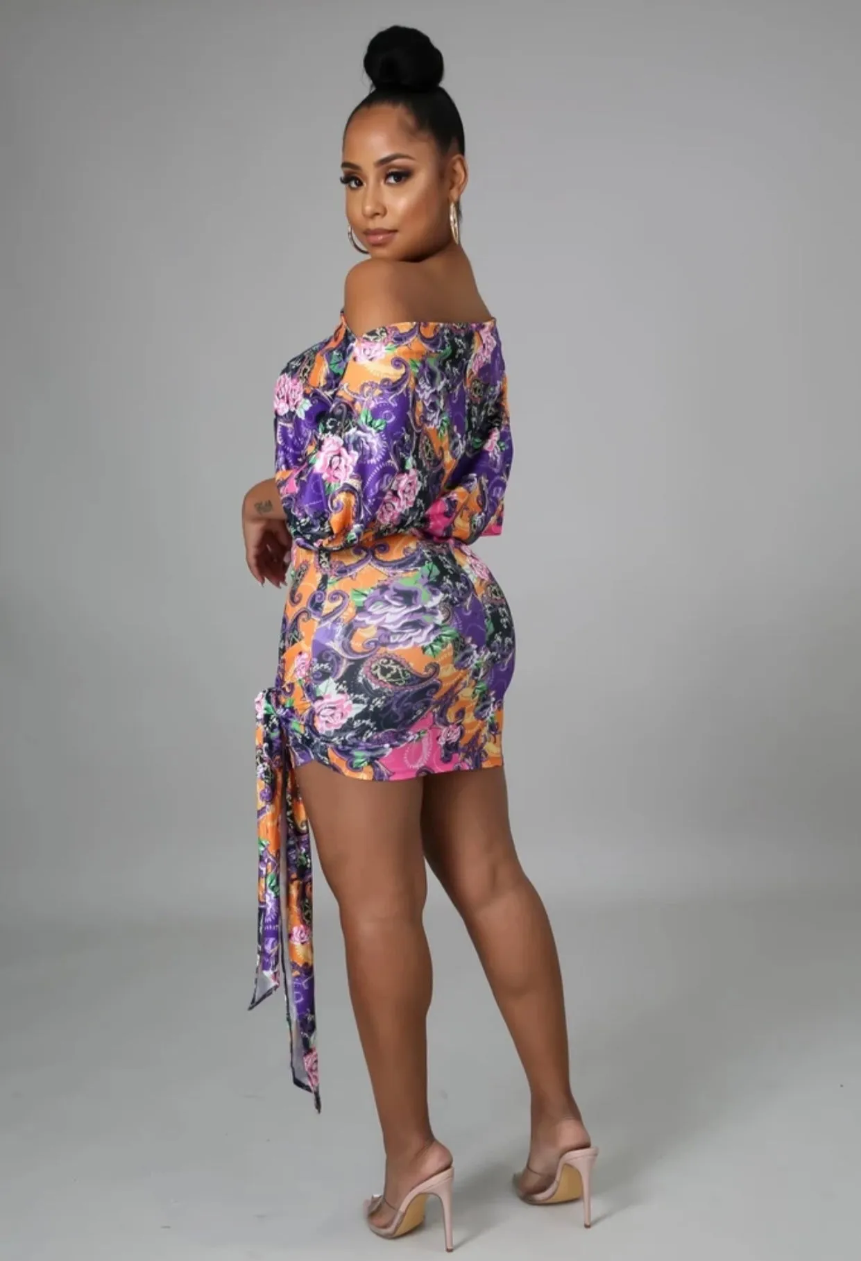 Small LEFT! Sweet Garden Vibes Multi Print Off Shoulder Dress