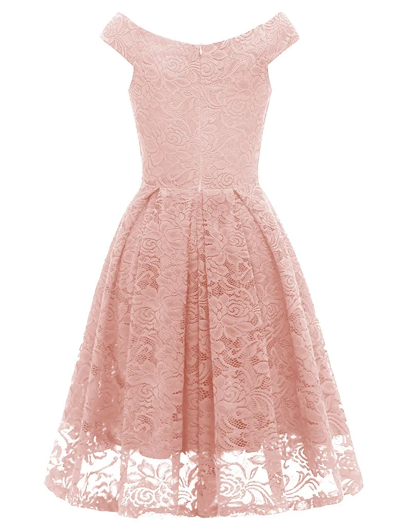 Solid Color Lace Cap Sleeve V Neck 50s Party Swing Dress
