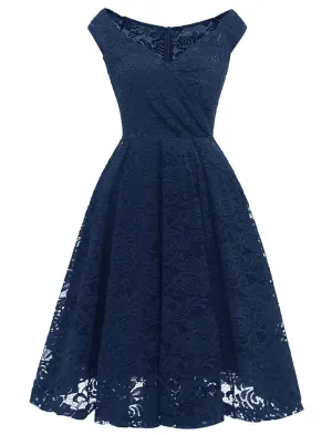 Solid Color Lace Cap Sleeve V Neck 50s Party Swing Dress