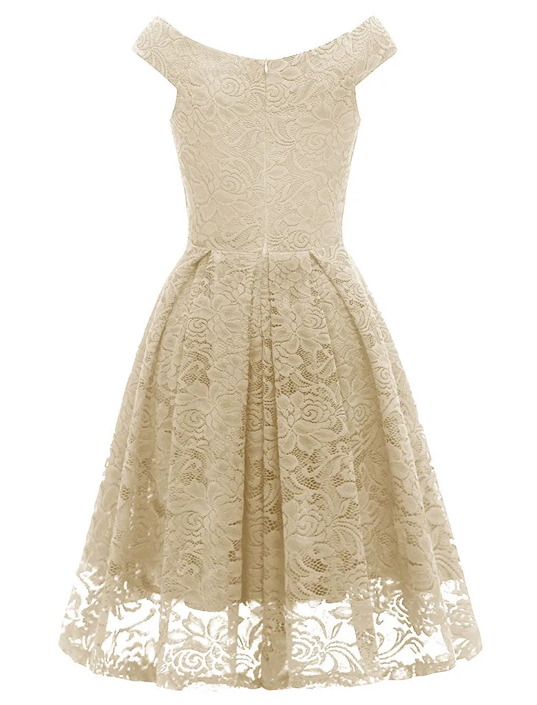 Solid Color Lace Cap Sleeve V Neck 50s Party Swing Dress