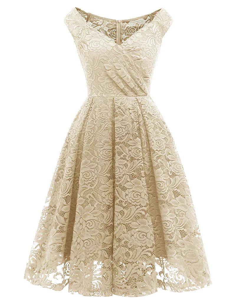 Solid Color Lace Cap Sleeve V Neck 50s Party Swing Dress