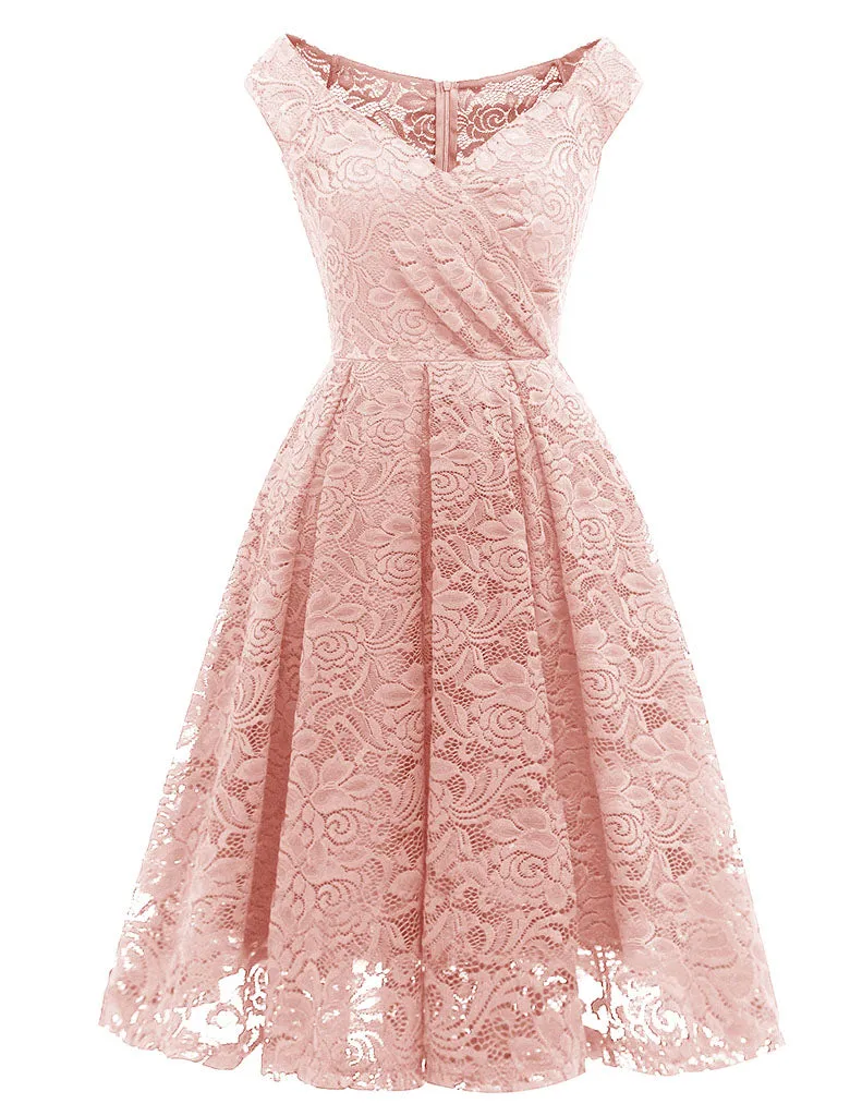 Solid Color Lace Cap Sleeve V Neck 50s Party Swing Dress
