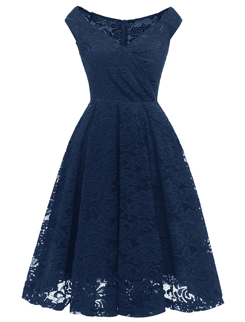 Solid Color Lace Cap Sleeve V Neck 50s Party Swing Dress