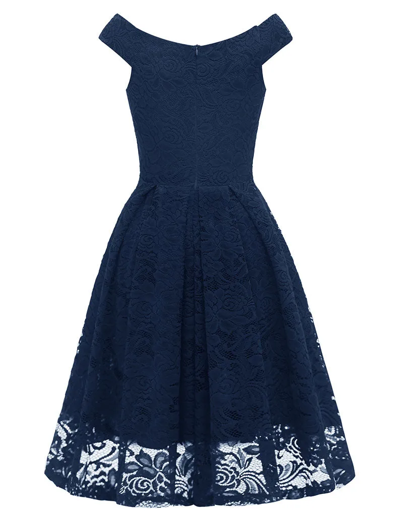 Solid Color Lace Cap Sleeve V Neck 50s Party Swing Dress
