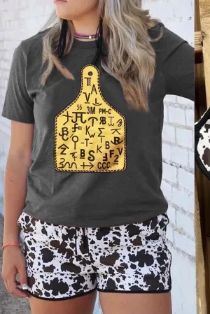 Solid Color Ox Horn Tag Graphic Gray T Shirt
