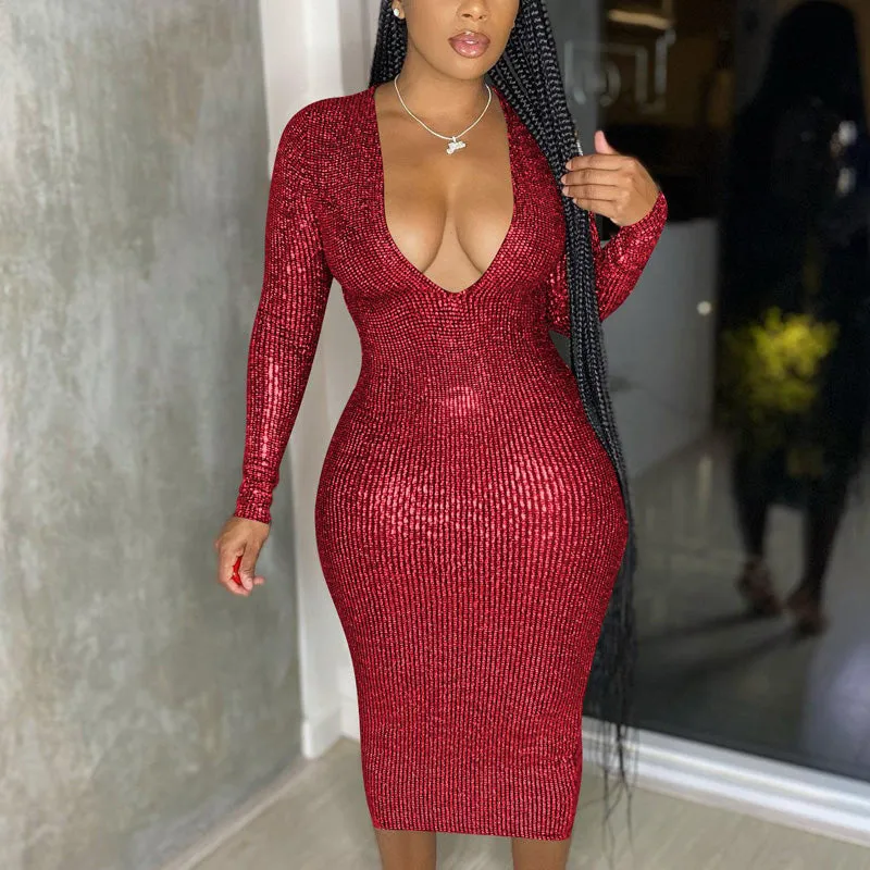Solid Deep V-Neck Long Sleeve Midi Dress