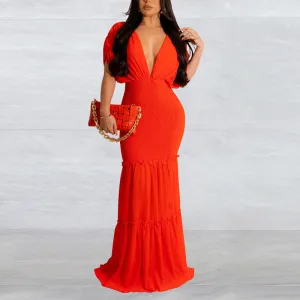 Solid Deep V-Neck Maxi Dress