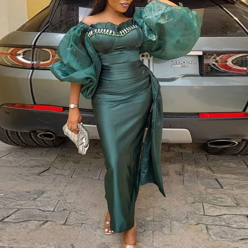Solid Off Shoulder Lantern Sleeve Ruched Maxi Dress