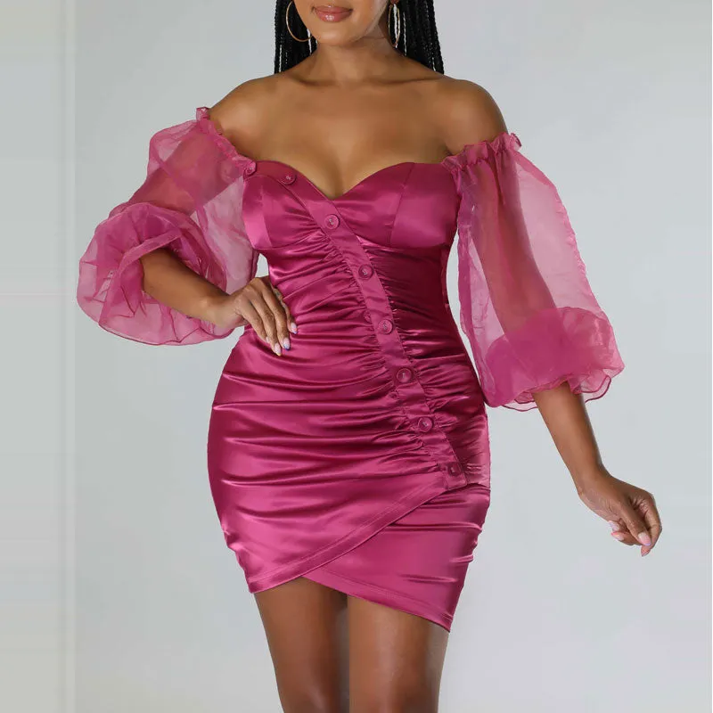 Solid Off Shoulder Mesh Sleeve Button Detailed Bodycon Dress