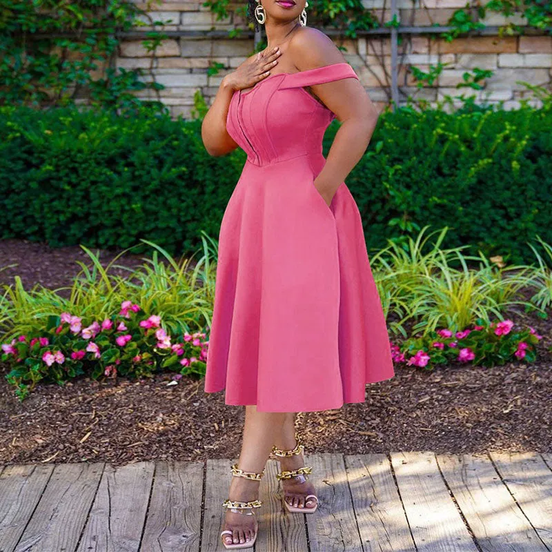 Solid Off Shoulder Sleeveless Big Swing Midi Dress