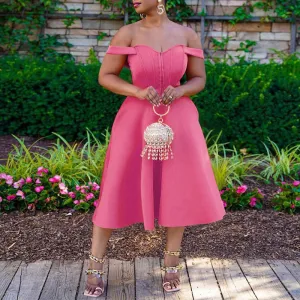 Solid Off Shoulder Sleeveless Big Swing Midi Dress