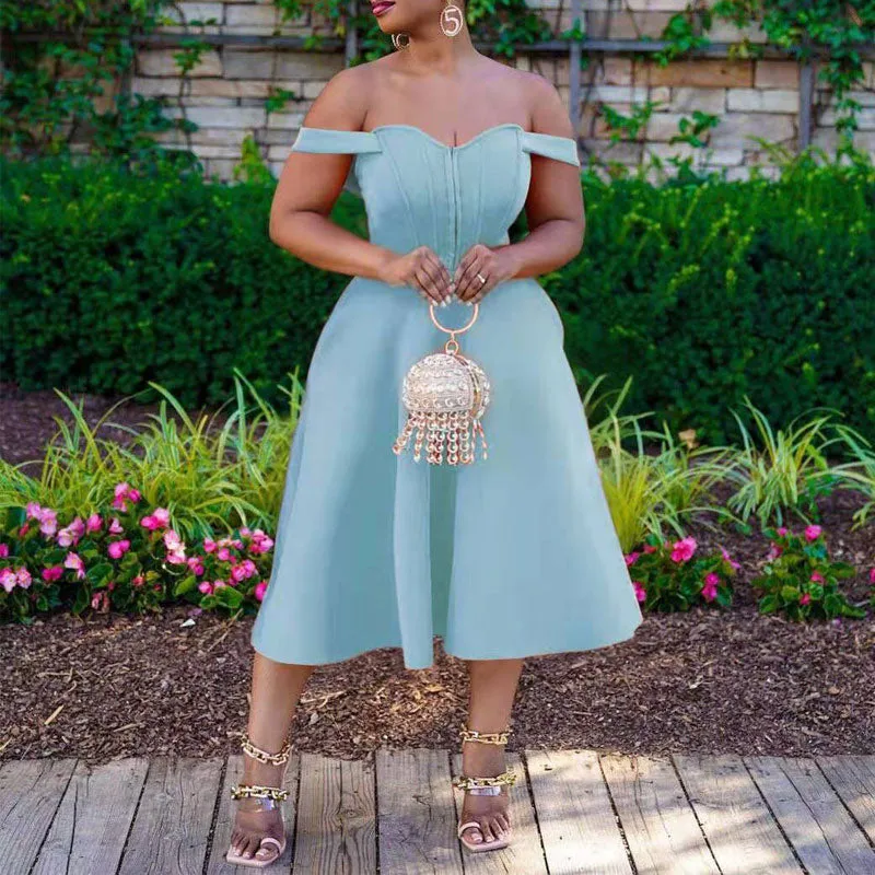 Solid Off Shoulder Sleeveless Big Swing Midi Dress