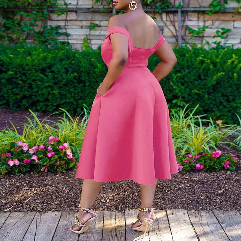 Solid Off Shoulder Sleeveless Big Swing Midi Dress