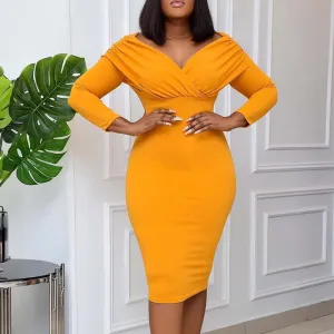 Solid Off Shoulder V-Neck Bodycon Work Dress