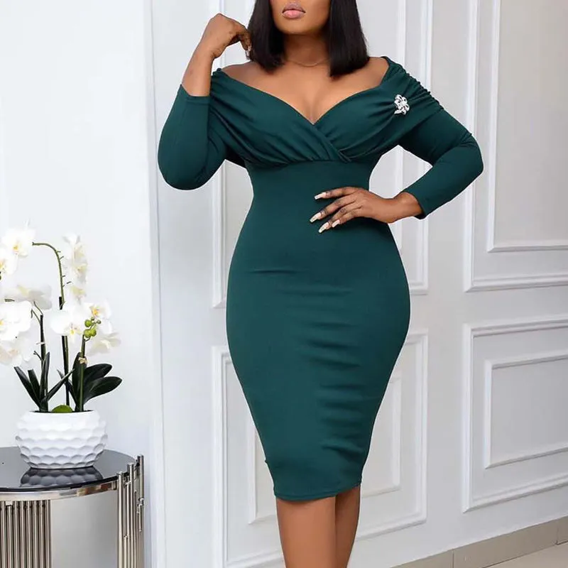 Solid Off Shoulder V-Neck Bodycon Work Dress