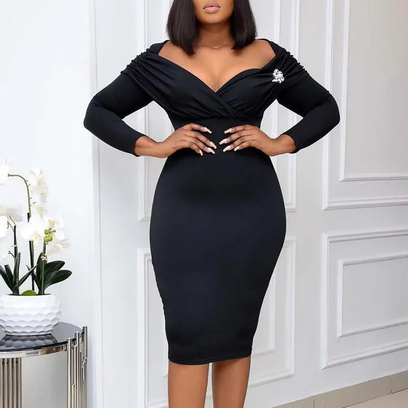 Solid Off Shoulder V-Neck Bodycon Work Dress