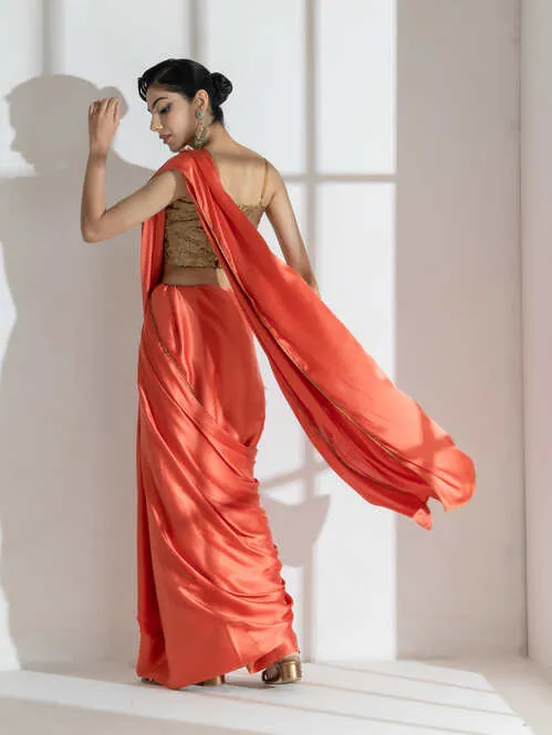 Spanish Orange Satin Saree with Golden Piping and Self Blouse Fabric