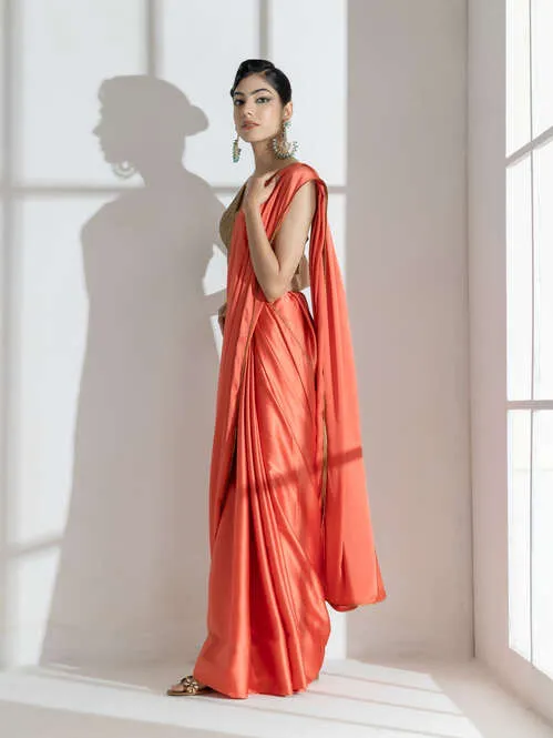 Spanish Orange Satin Saree with Golden Piping and Self Blouse Fabric