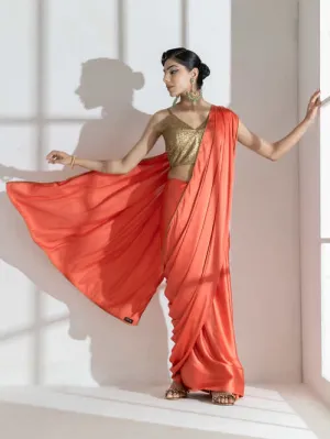 Spanish Orange Satin Saree with Golden Piping and Self Blouse Fabric