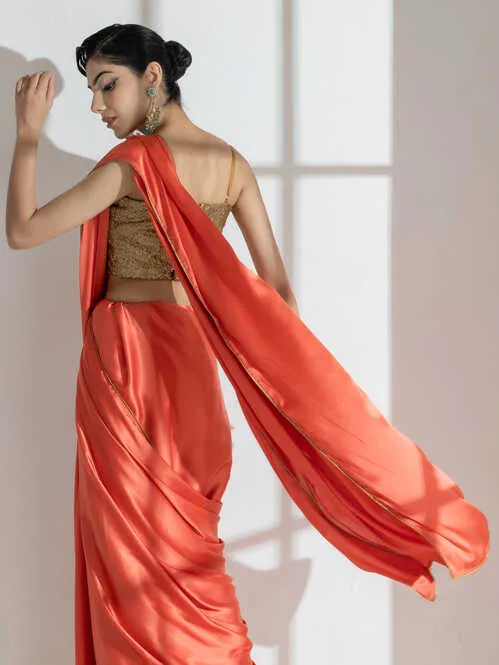 Spanish Orange Satin Saree with Golden Piping and Self Blouse Fabric