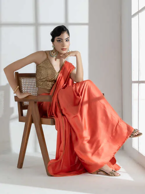Spanish Orange Satin Saree with Golden Piping and Self Blouse Fabric