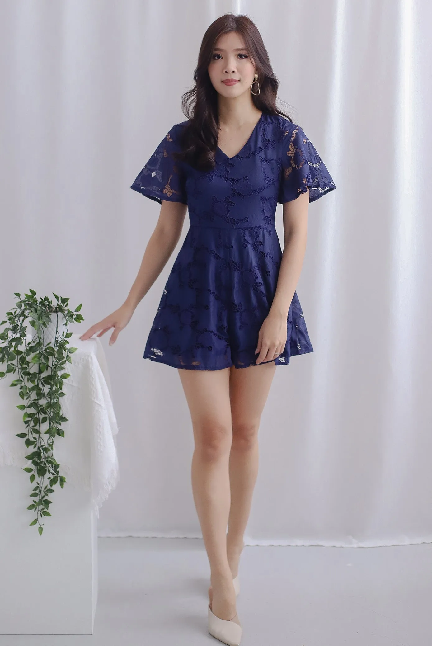 Starli Eyelet Embroidery Sleeved Romper In Navy Blue