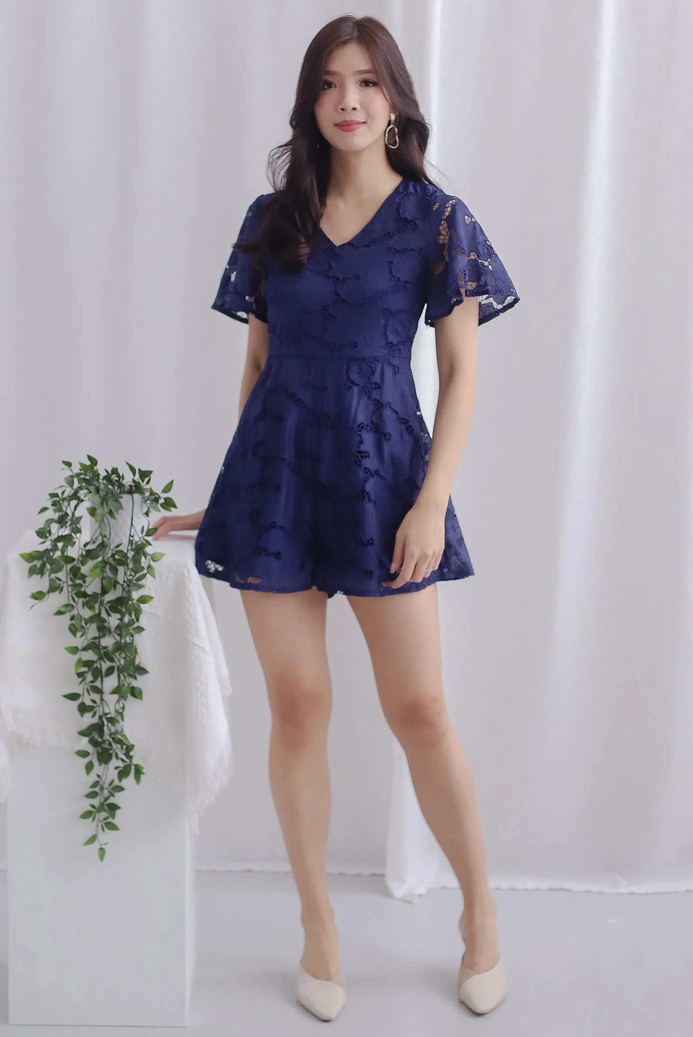 Starli Eyelet Embroidery Sleeved Romper In Navy Blue