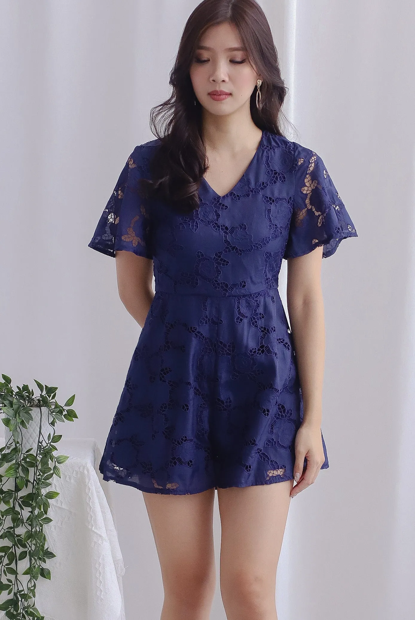Starli Eyelet Embroidery Sleeved Romper In Navy Blue