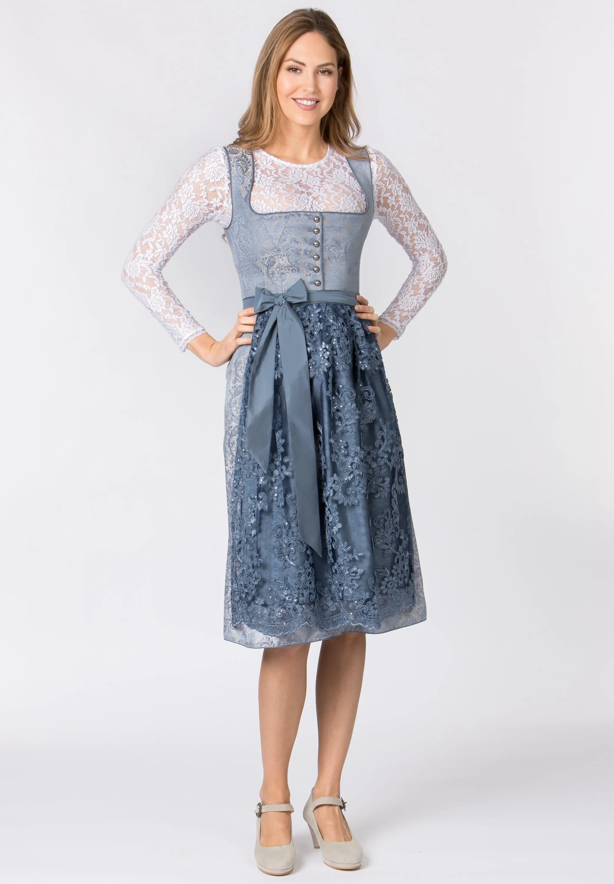 Stockerpoint Long Dirndl 2pcs. 70cm "Sidonia" Smoke Blue/Cream/Rose