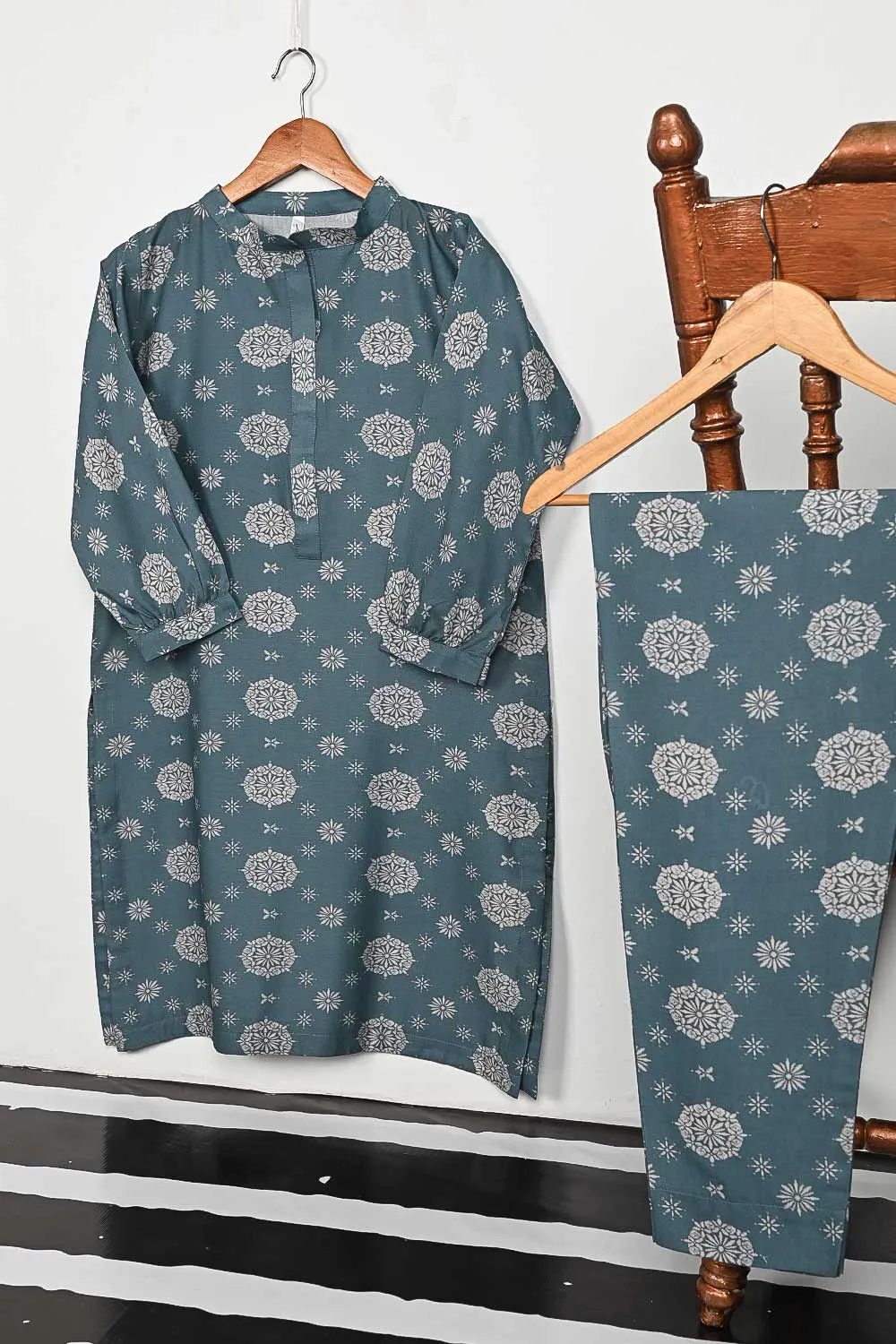 STP-146A-GreyishBlue - 2PC DIGITAL COTTON PRINTED STITCHED