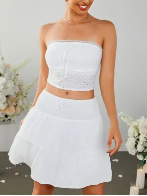 Strapless Bow Tie Lace Crop   Ruched Skirt Set