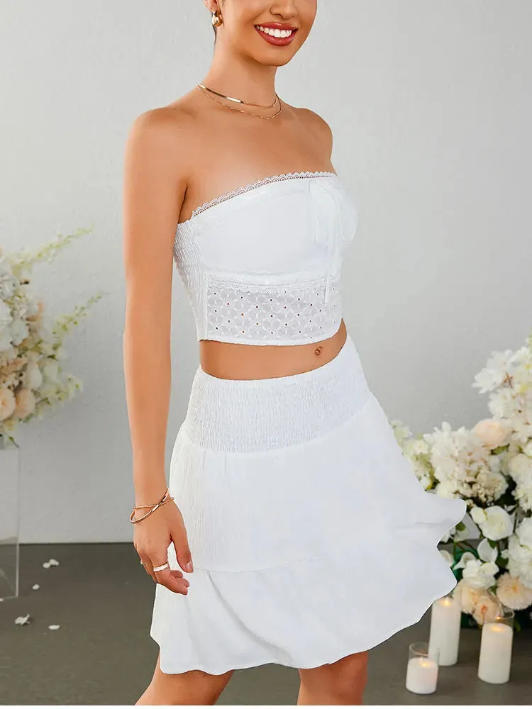 Strapless Bow Tie Lace Crop   Ruched Skirt Set