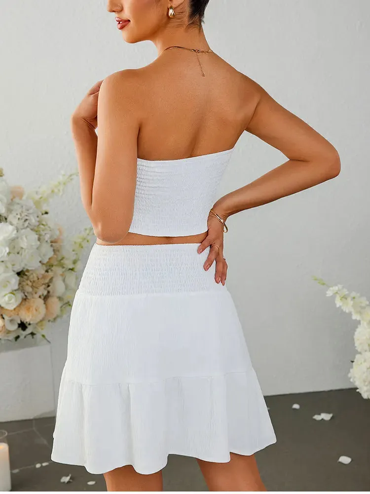 Strapless Bow Tie Lace Crop   Ruched Skirt Set