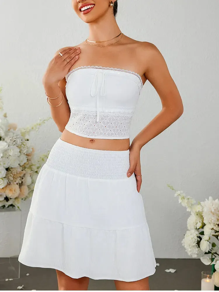 Strapless Bow Tie Lace Crop   Ruched Skirt Set