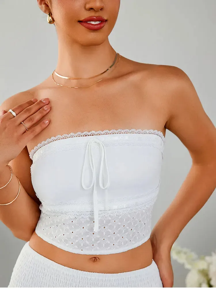 Strapless Bow Tie Lace Crop   Ruched Skirt Set