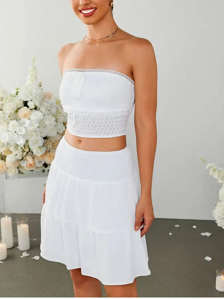 Strapless Bow Tie Lace Crop   Ruched Skirt Set