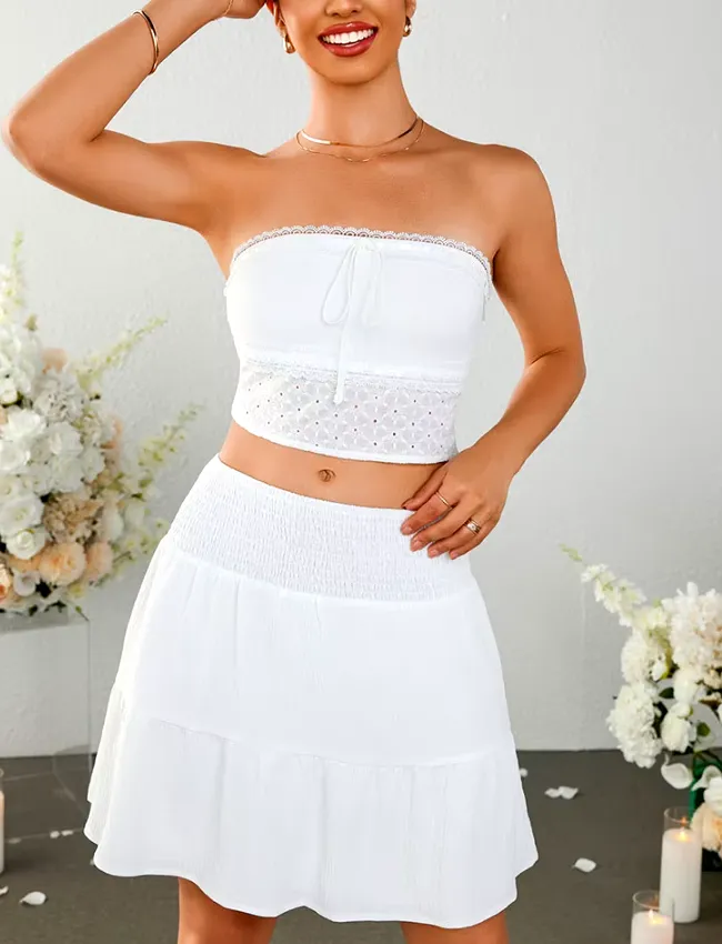 Strapless Bow Tie Lace Crop   Ruched Skirt Set