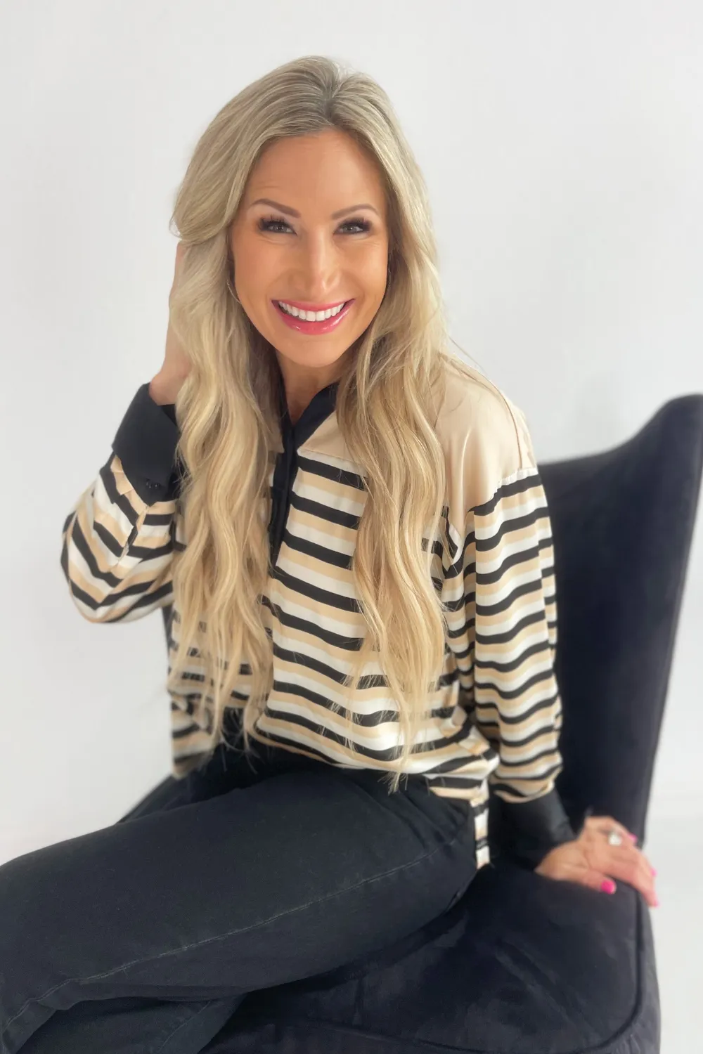 Stripe Satin Half Button Blouse