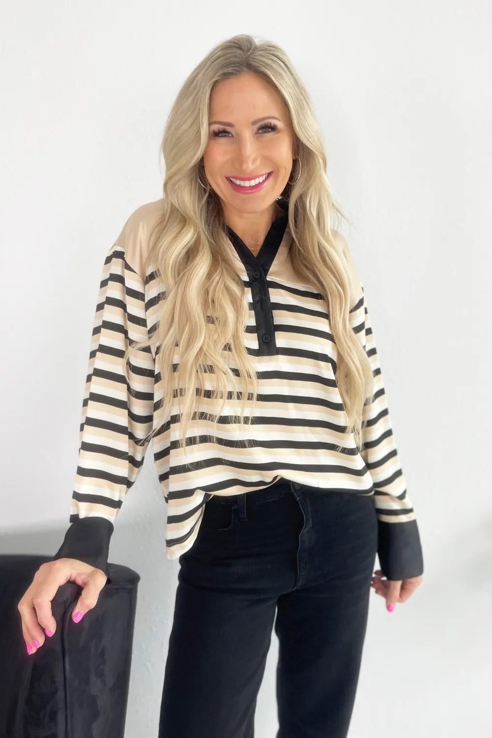 Stripe Satin Half Button Blouse