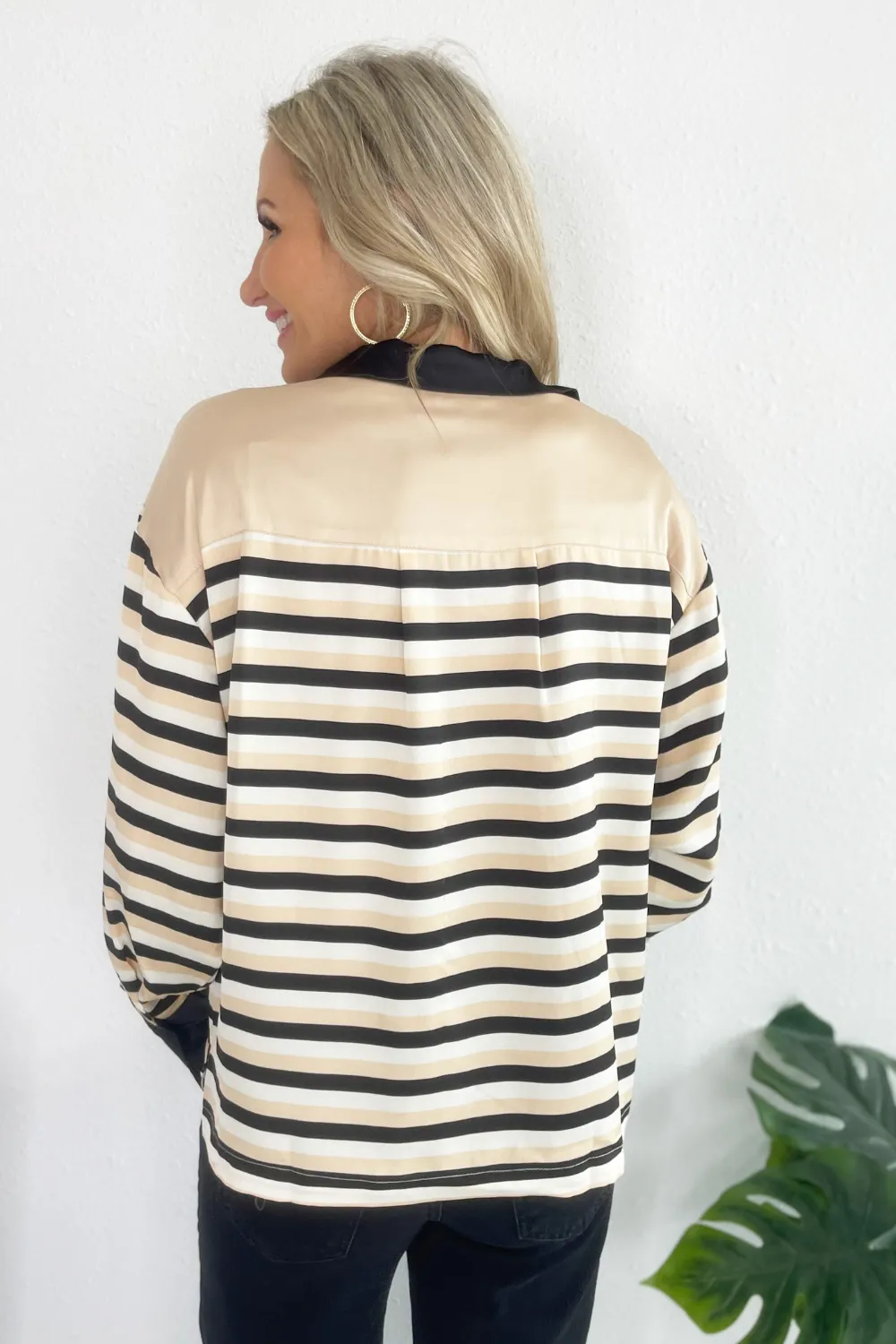 Stripe Satin Half Button Blouse
