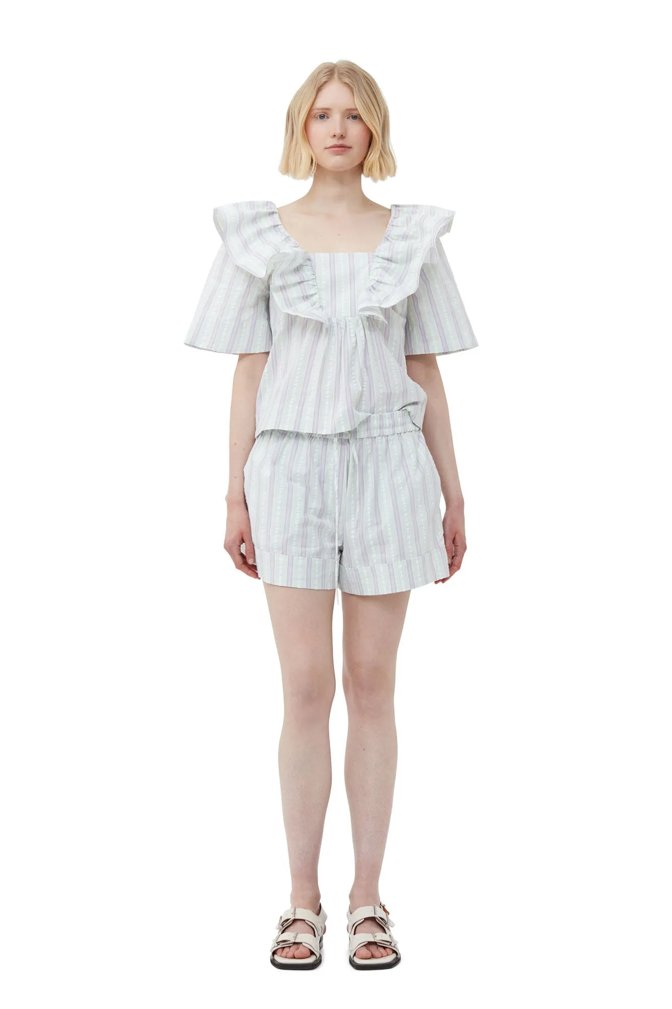Stripe Seersucker Ruffle Blouse | Mauve Chalk