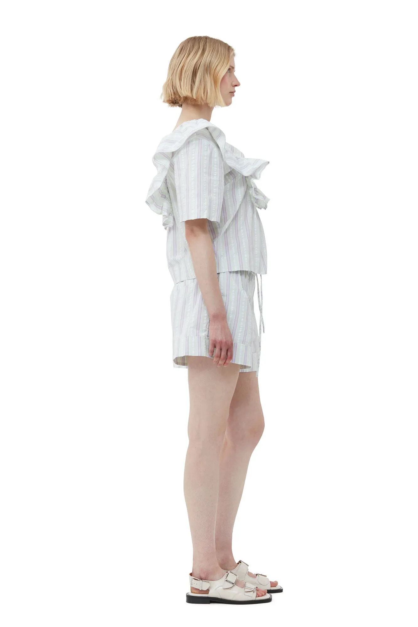 Stripe Seersucker Ruffle Blouse | Mauve Chalk