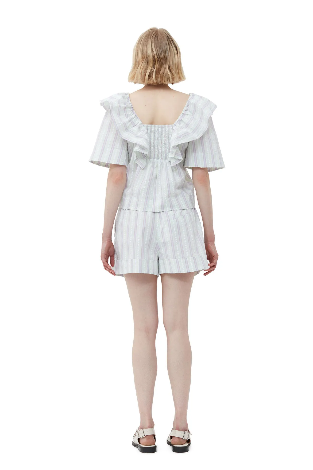 Stripe Seersucker Ruffle Blouse | Mauve Chalk