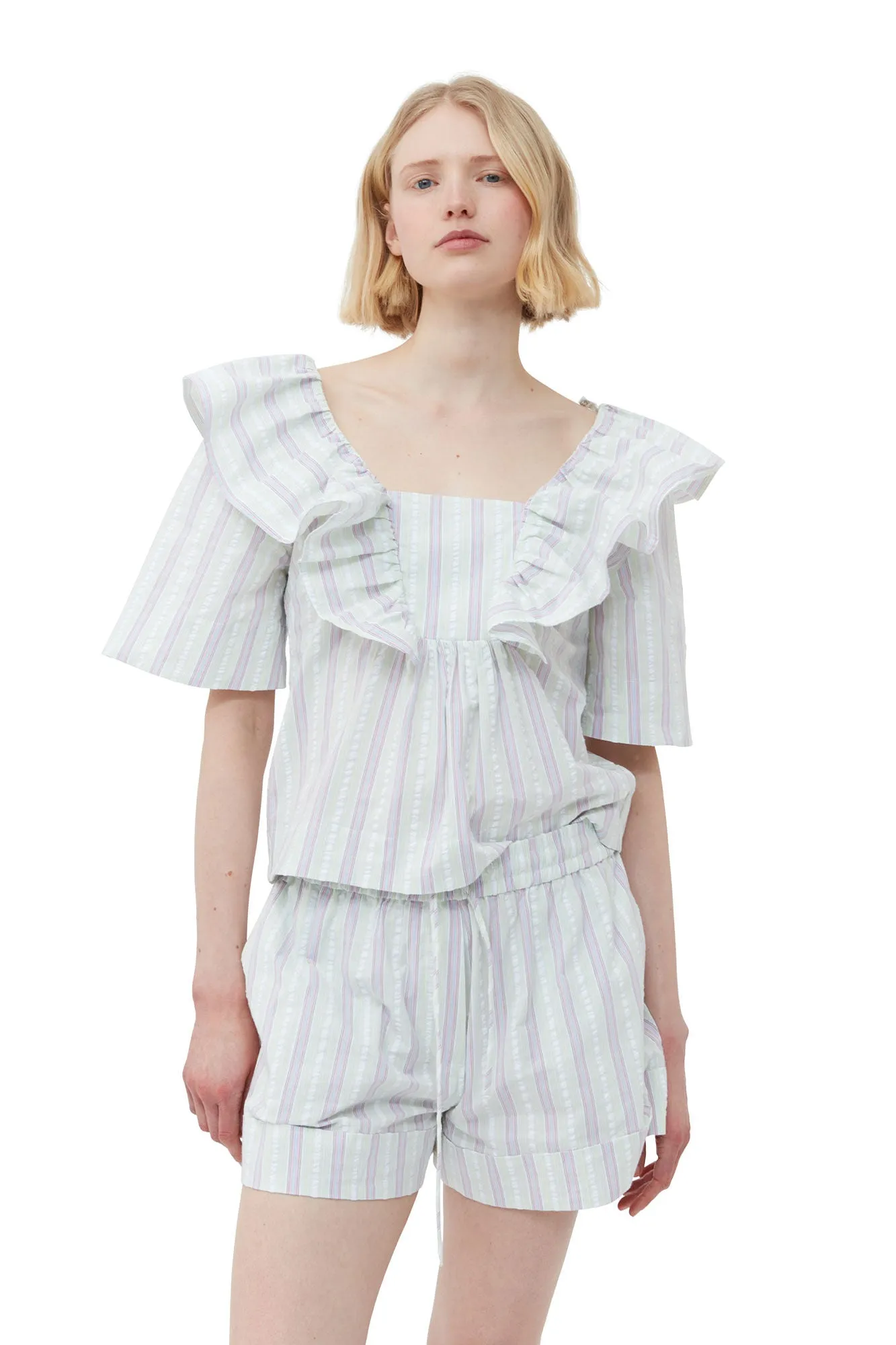 Stripe Seersucker Ruffle Blouse | Mauve Chalk